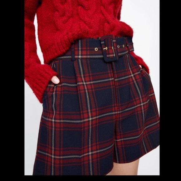 Zara Pants - 🍄 Like New 🍄Zara Red Plaid Belted Shorts US M